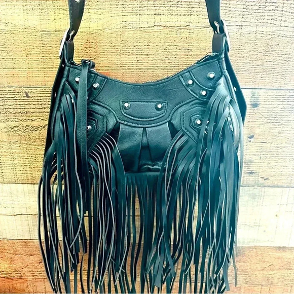 NWOT Motorcycle/Goth Style Fringed Studded Crossbody - Picture 2 of 9
